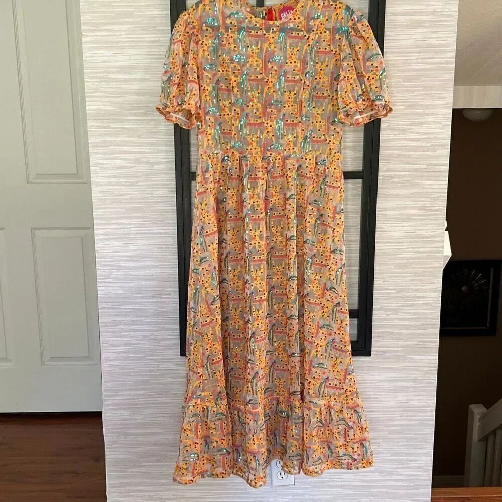 CeliaB sequins mustard green fun abstract  cat print maxi dress L sheer